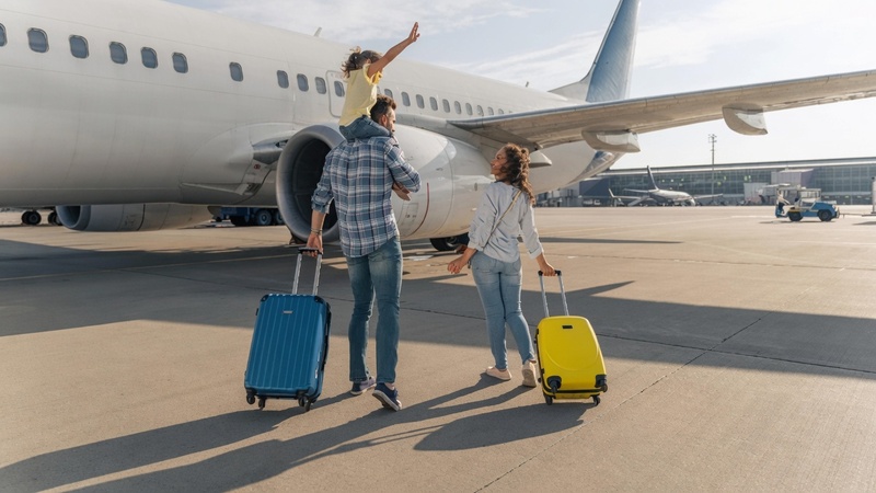 Family of three walking on an airport tarmac toward a large airplane, father carrying young child on his shoulders while pulling a blue suitcase, mother holding a yellow suitcase.