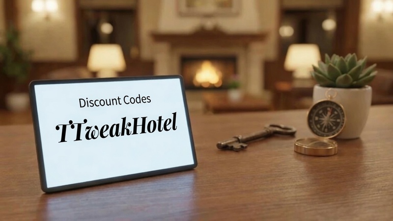 Tablet displaying TTweakHotel discount codes on a hotel lobby desk alongside vintage keys and a compass"