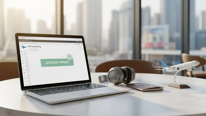 Laptop on a table showing a flight booking page with a green "DISCOUNT APPLIED" banner, next to headphones and a model airplane.