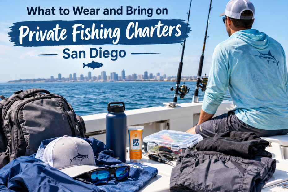 Angler wearing a sun-protective shirt and cap aboard a private San Diego fishing charter, with a backpack, sunglasses, sunscreen, water bottle, and fishing gear on deck.