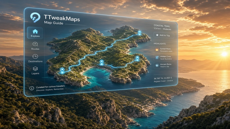 Holographic TTweakMaps Map Guide interface floating over a scenic Greek coastal island at golden sunset, showing a glowing blue trail route with location pins on turquoise waters and green hills.
