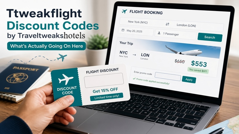 Hand holding a flight discount code card showing 15% off alongside a laptop displaying a New York to London flight booking with promo code applied saving $97