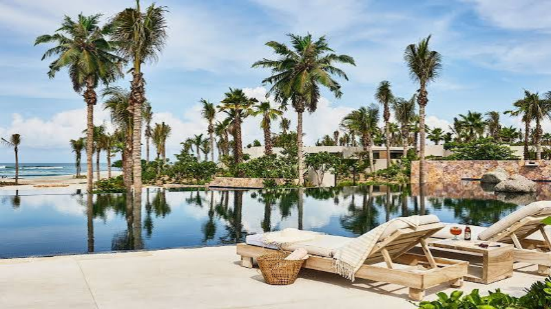 A luxury infinity pool at a beach resort surrounded by tall palm trees, wooden lounge chairs, and a sandy ocean shoreline in the background.