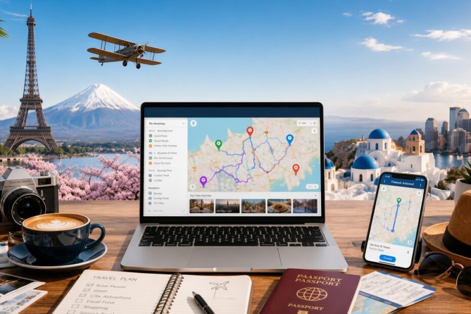 Laptop and smartphone displaying TTweakMaps itinerary app surrounded by travel essentials—passport, camera, coffee cup, and map—set against a composite backdrop of famous global landmarks including the Eiffel Tower, Mount Fuji, Santorini, and the New York City skyline.