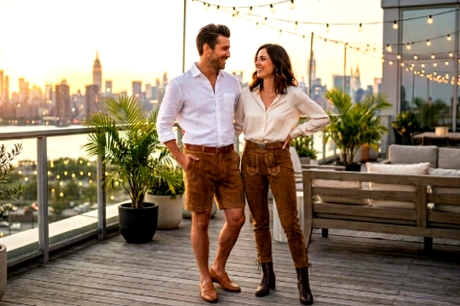 Man and woman standing side by side on a rooftop terrace at sunset, both wearing brown leather legwear — the man in leather shorts and white shirt, the woman in leather trousers and cream blouse — with the New York City skyline and string lights in the background.