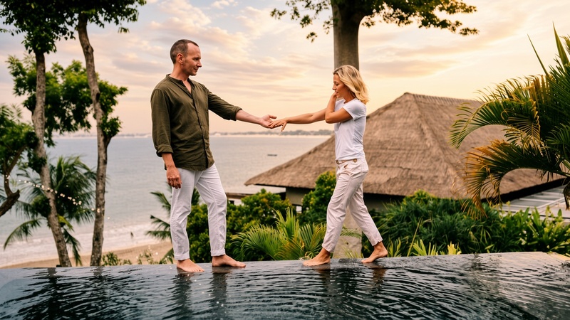 Happy couple holding hands while standing barefoot on the edge of an infinity pool overlooking the ocean at a tropical resort in Bali