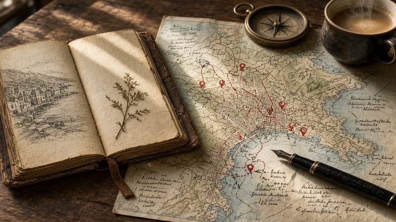 Weathered leather travel journal open beside a detailed hand-annotated coastal city map with red route lines and location pins, brass compass, fountain pen, and steaming coffee cup on a wooden table in soft morning light.