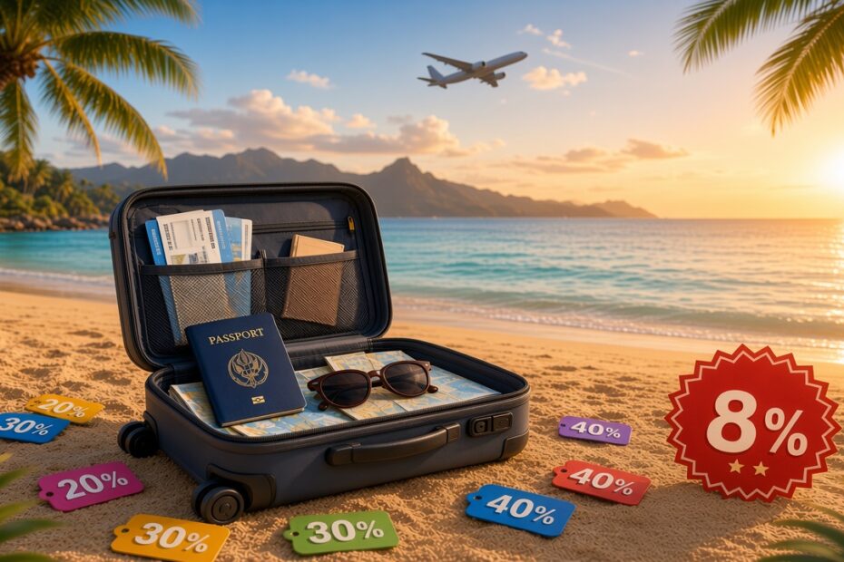 Open blue suitcase on a tropical beach at sunset filled with passport, sunglasses, maps and boarding passes, surrounded by colorful percentage discount tags on the sand