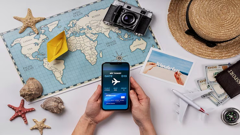 Top view of a smartphone showing an airline boarding pass surrounded by a world map and travel accessories
