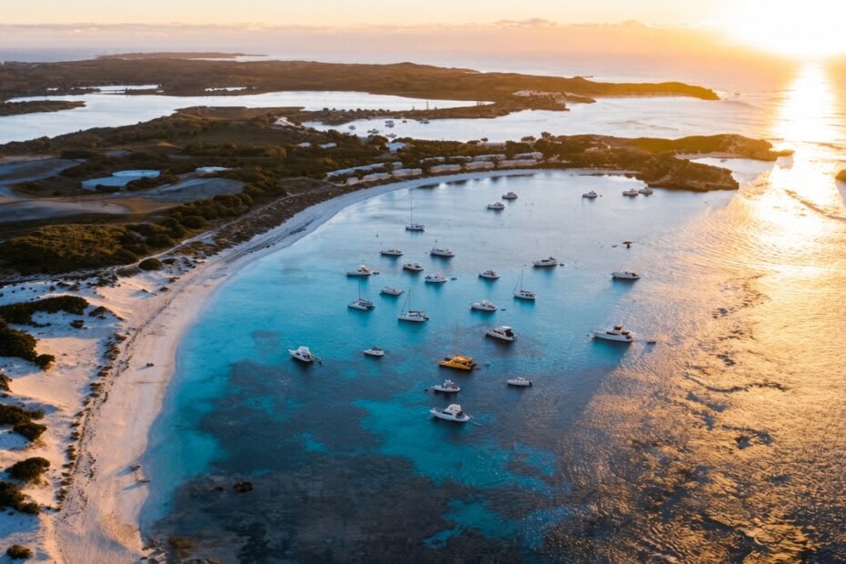 Aerial view of a turquoise bay filled with anchored white boats at golden sunset, bordered by a sandy beach and green coastal landscape.